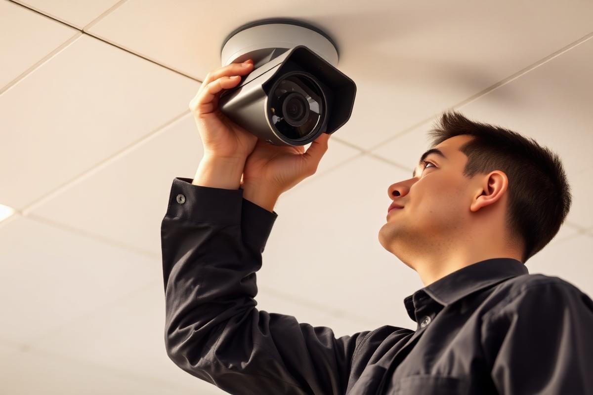 Technician installing a CCTV camera